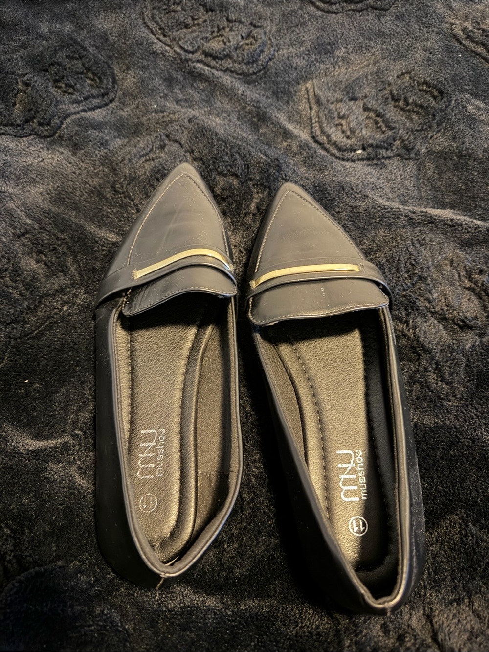 Miu Miu Black Pointed Leather Flats with Gold Accent
